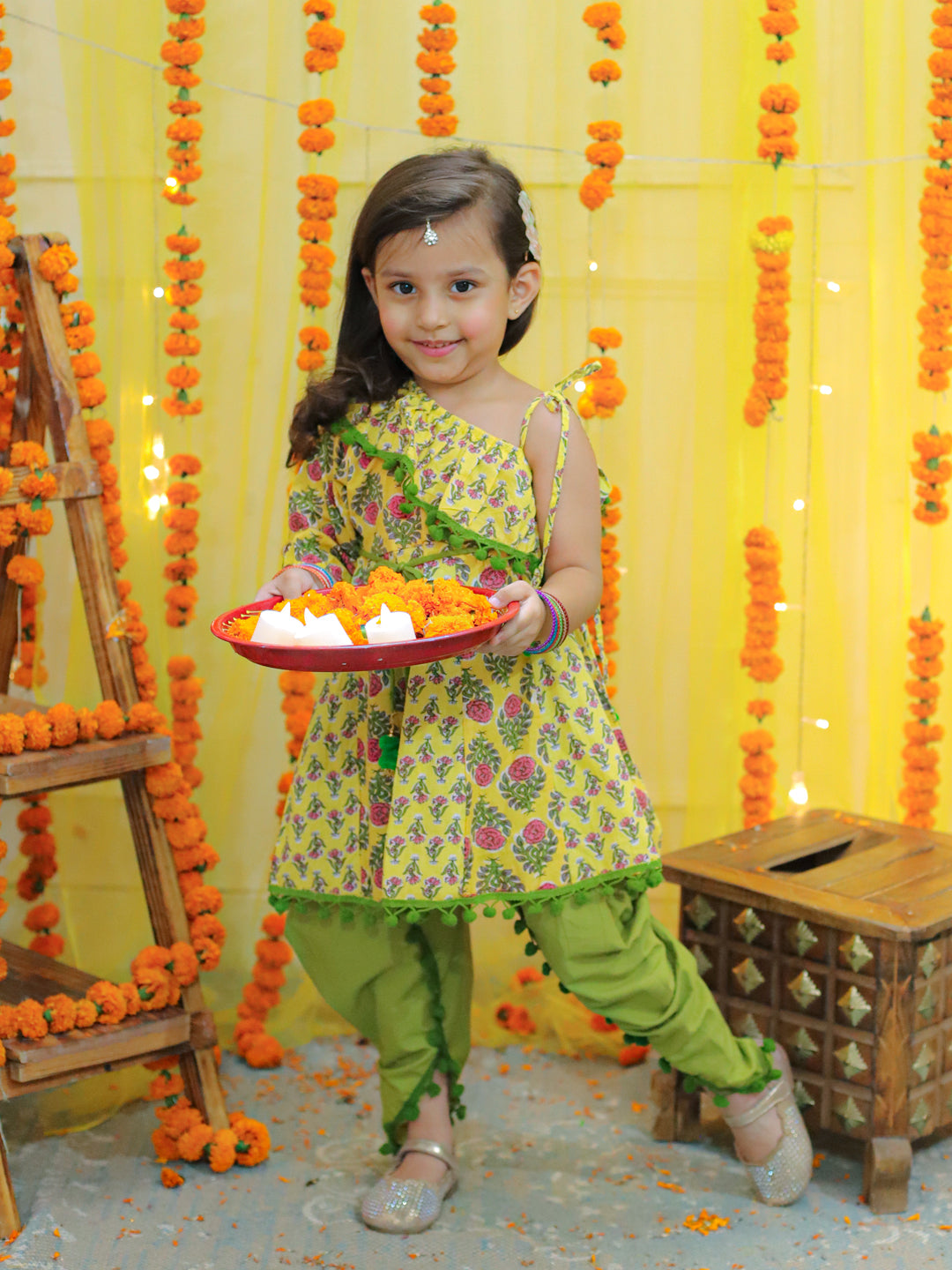BownBee Girls  Pure Cotton Printed One Sleeve Ruffle Kurti with Dhoti- Indo Western Clothing Sets Yellow