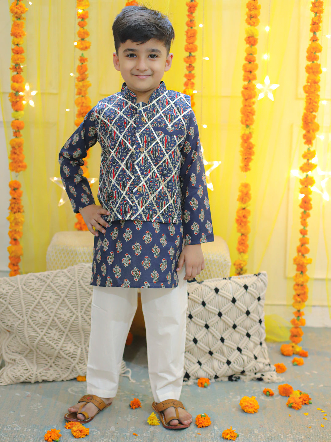 BownBee Sibling Sets Pure Cotton Printed Kurta Pajama with Jacket for Boys and Lehenga Choli with Dupatta for Girls