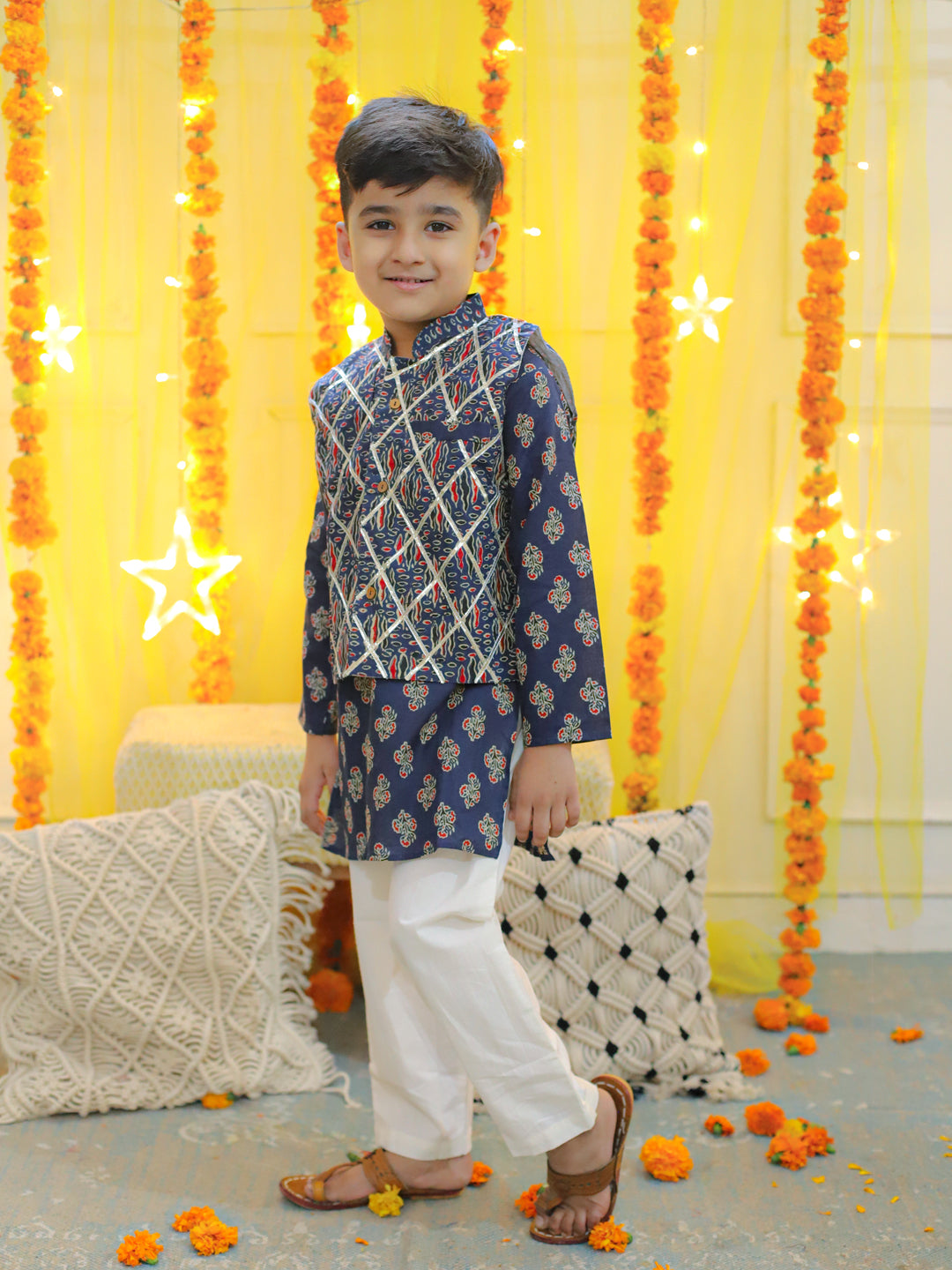 BownBee Sibling Sets Pure Cotton Printed Kurta Pajama with Jacket for Boys and Lehenga Choli with Dupatta for Girls