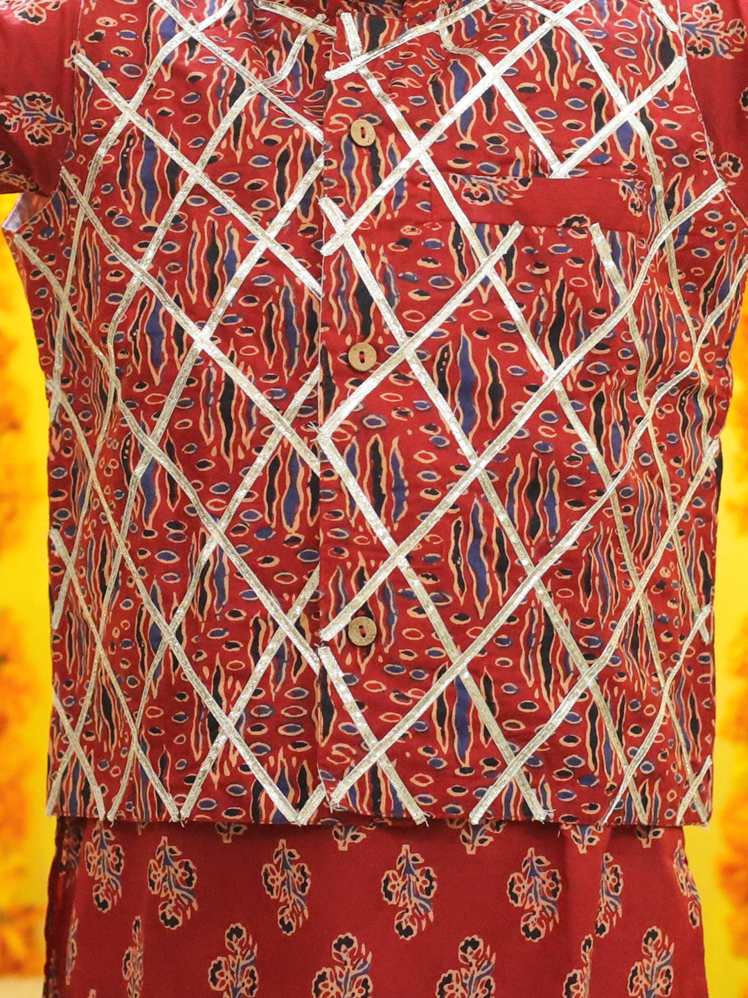 BownBee Sibling Sets Pure Cotton Printed Kurta Pajama with Jacket for Boys and Lehenga Choli with Dupatta for Girls -Red