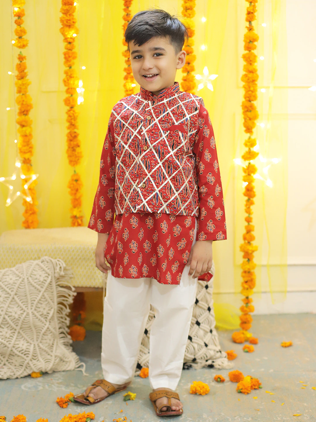 BownBee Sibling Sets Pure Cotton Printed Kurta Pajama with Jacket for Boys and Lehenga Choli with Dupatta for Girls -Red