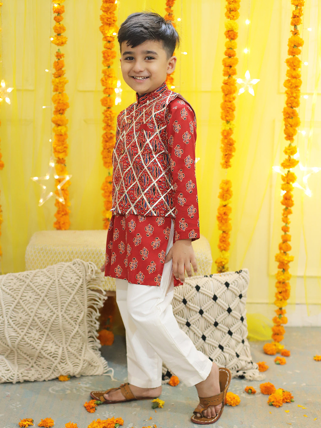 BownBee Sibling Sets Pure Cotton Printed Kurta Pajama with Jacket for Boys and Lehenga Choli with Dupatta for Girls -Red