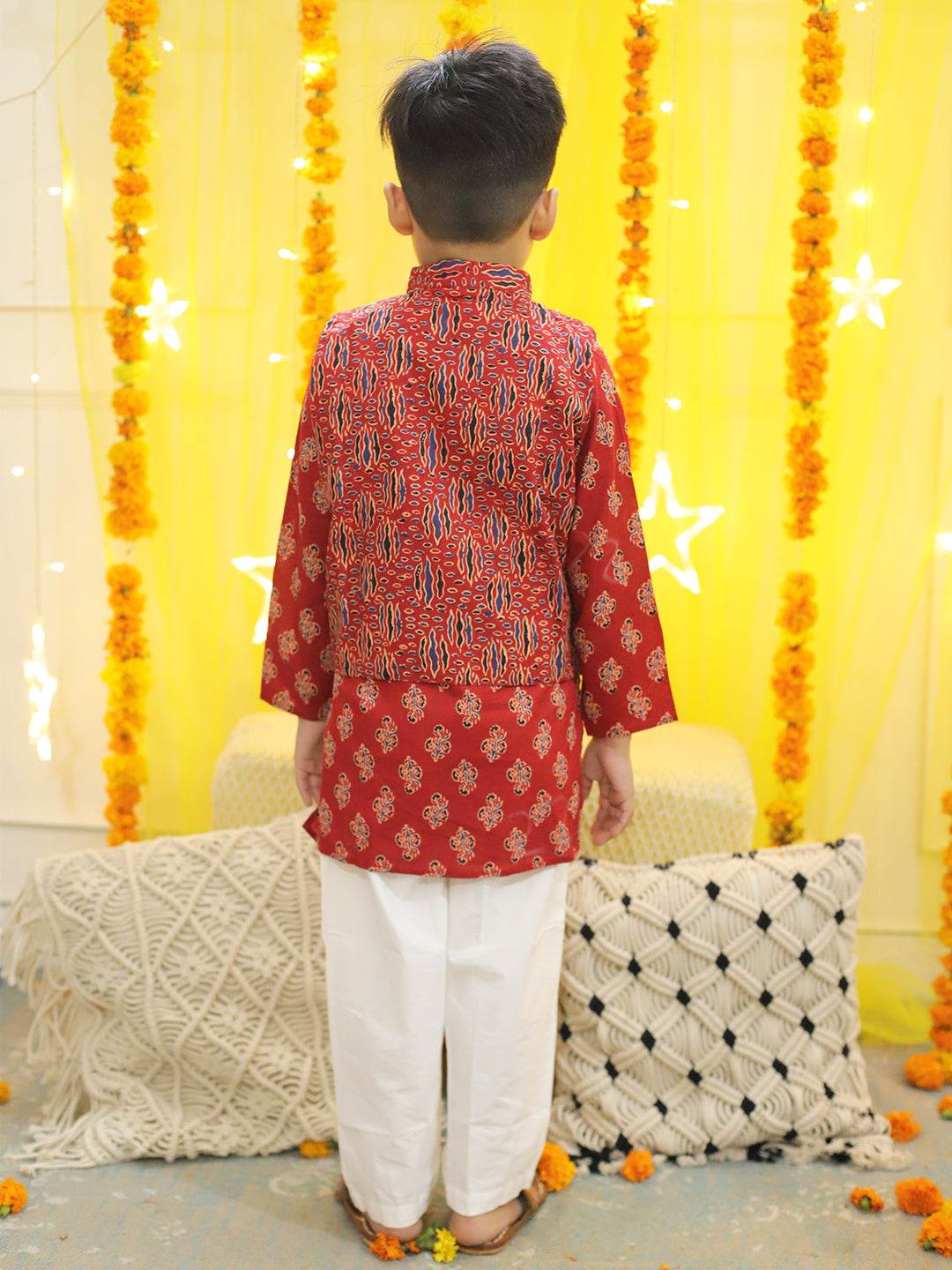BownBee Sibling Sets Pure Cotton Printed Kurta Pajama with Jacket for Boys and Lehenga Choli with Dupatta for Girls -Red