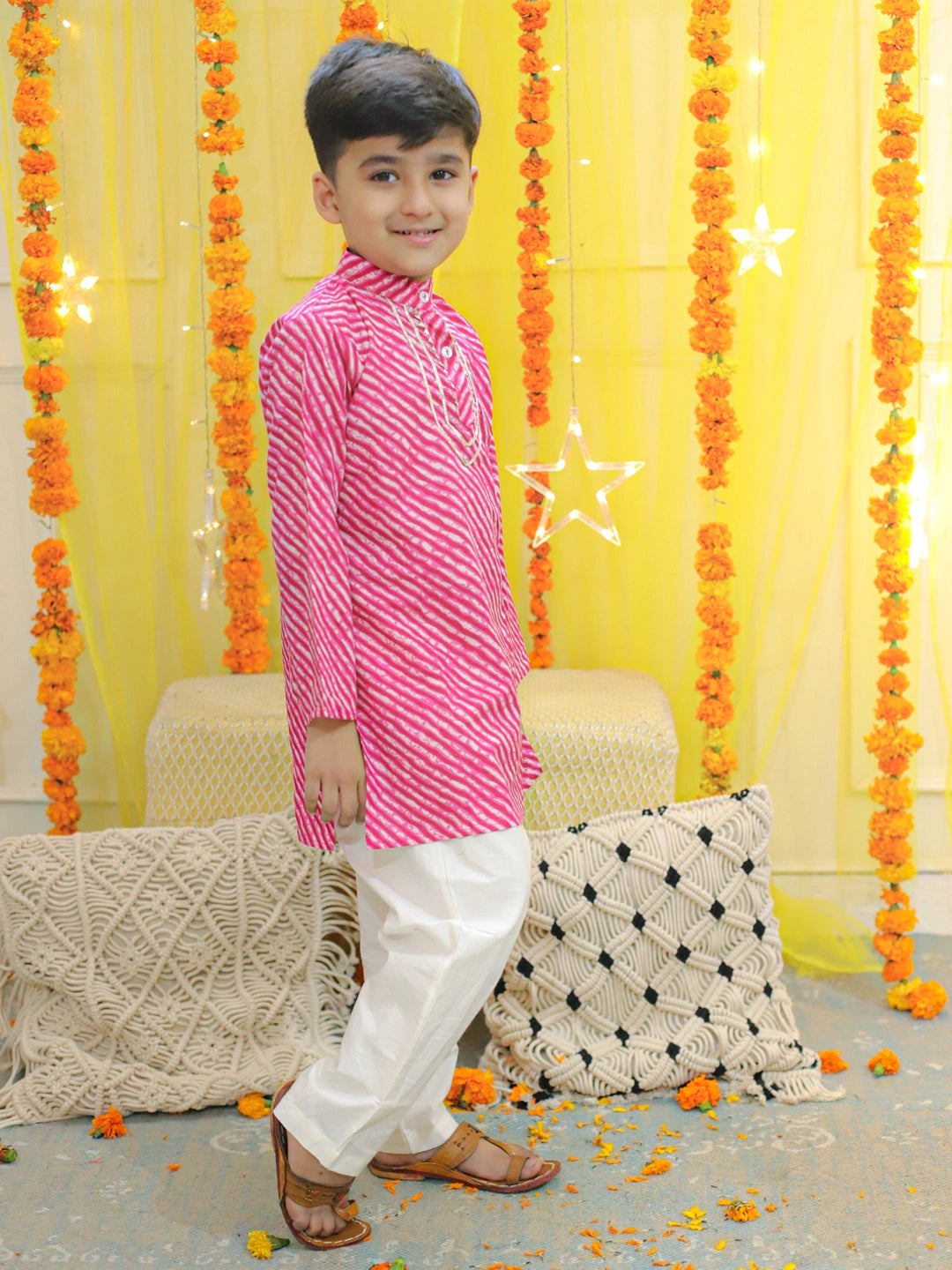 BownBee Pure Cotton Printed Leheriya Kurta Pajama for Boys- Pink