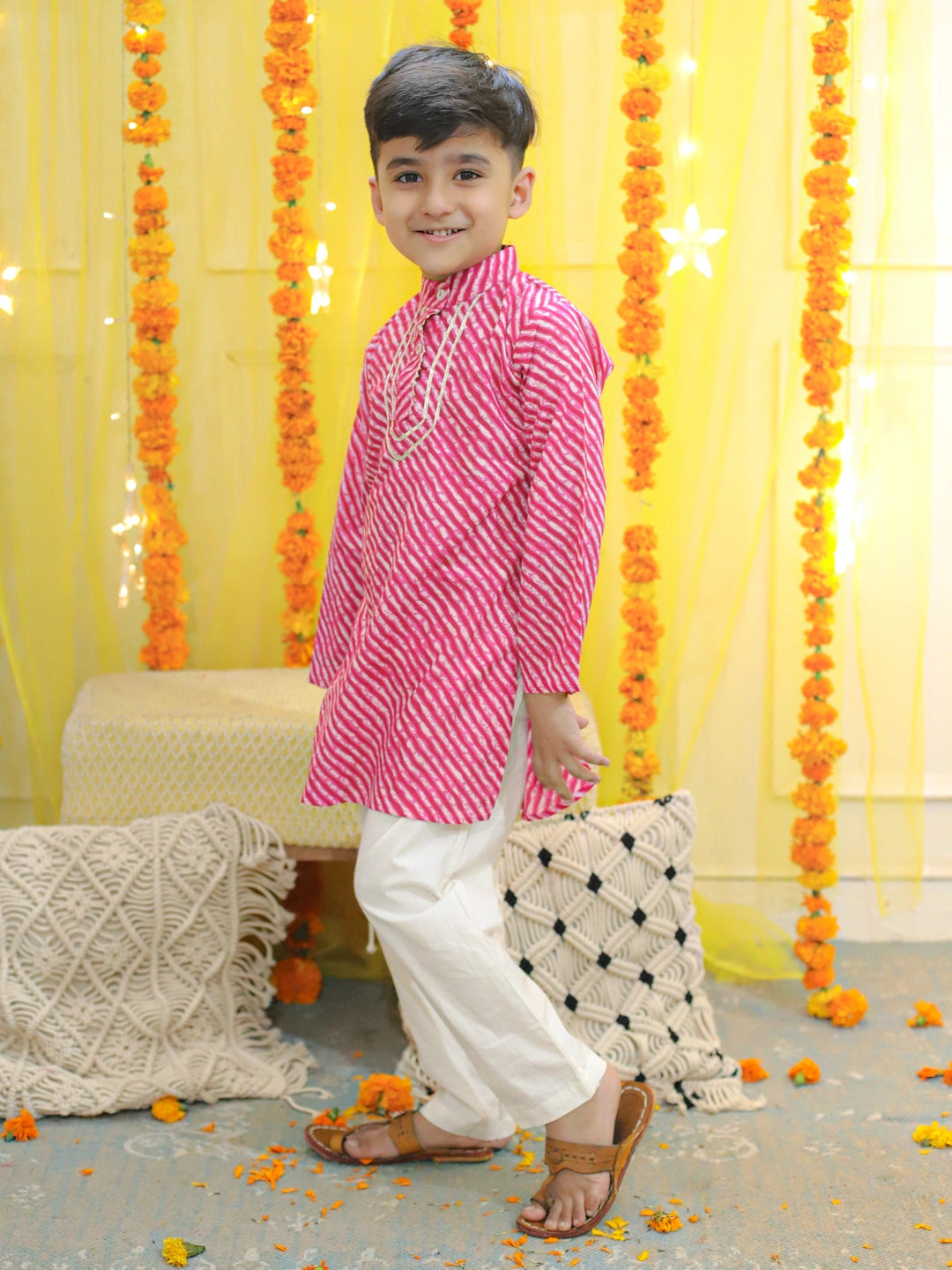 BownBee Pure Cotton Printed Leheriya Kurta Pajama for Boys- Pink