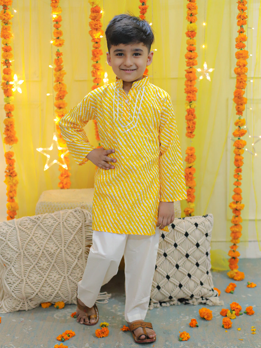BownBee Pure Cotton Printed Leheriya Kurta Pajama for Boys- Yellow with Pure Cotton Printed Kurta Sharara with Dupatta for Girls- Yellow