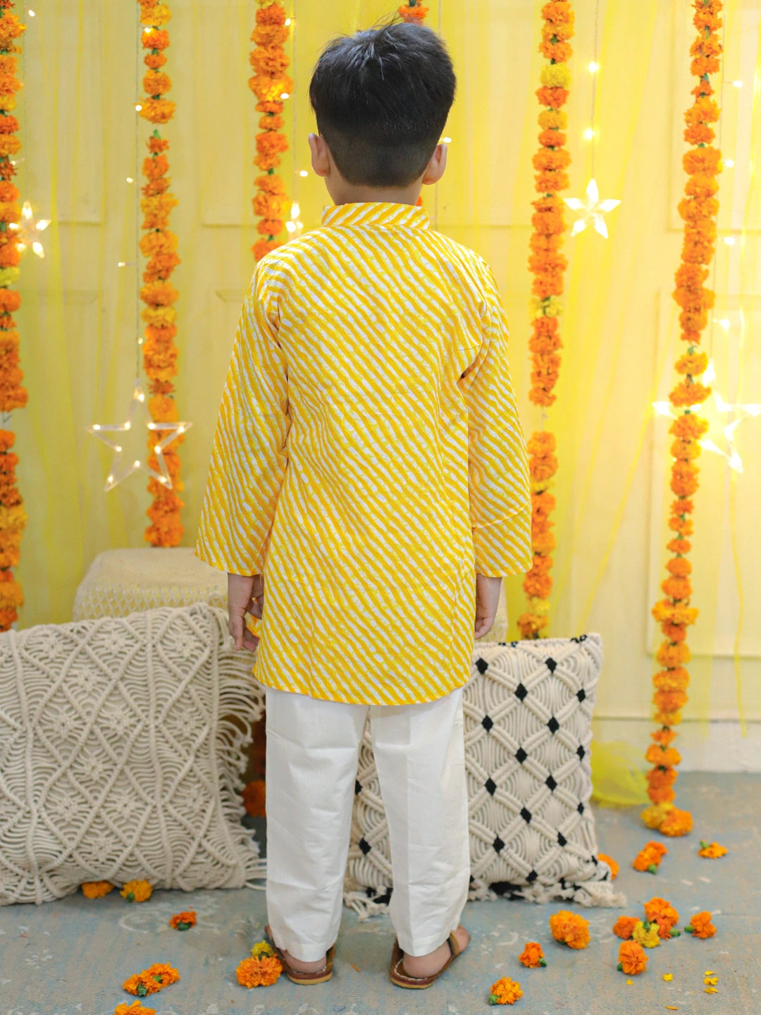 BownBee Pure Cotton Printed Leheriya Kurta Pajama for Boys- Yellow
