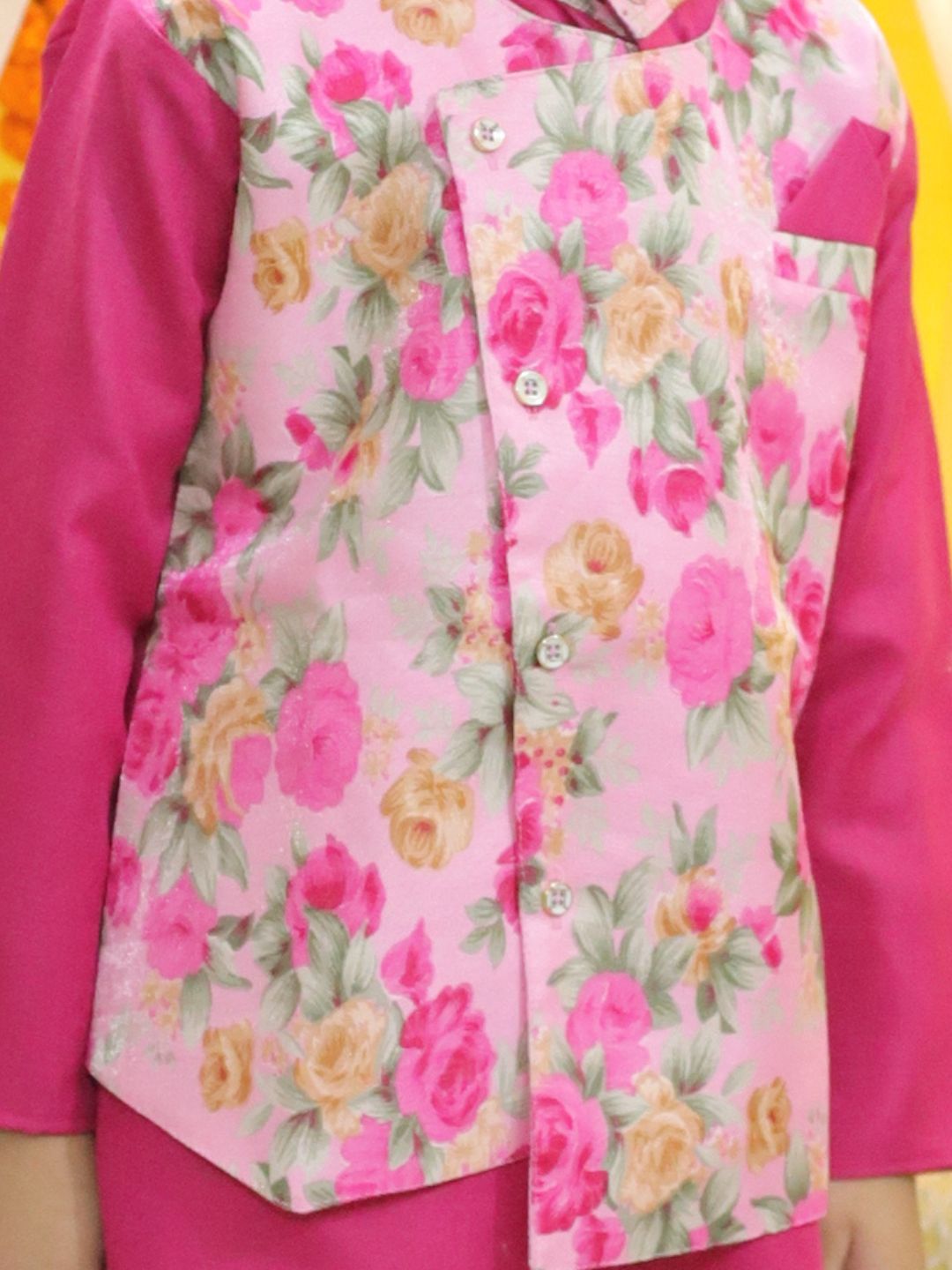 BownBee Boys  Ethnic Attached Floral printed Jacket Cotton Kurta Pajama -Pink