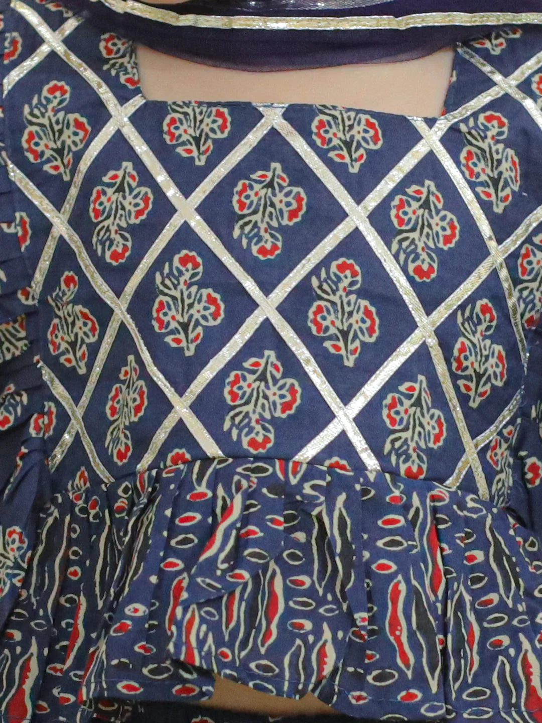 BownBee Girls Pure Cotton Printed Ruffle Top Lehenga with Dupatta