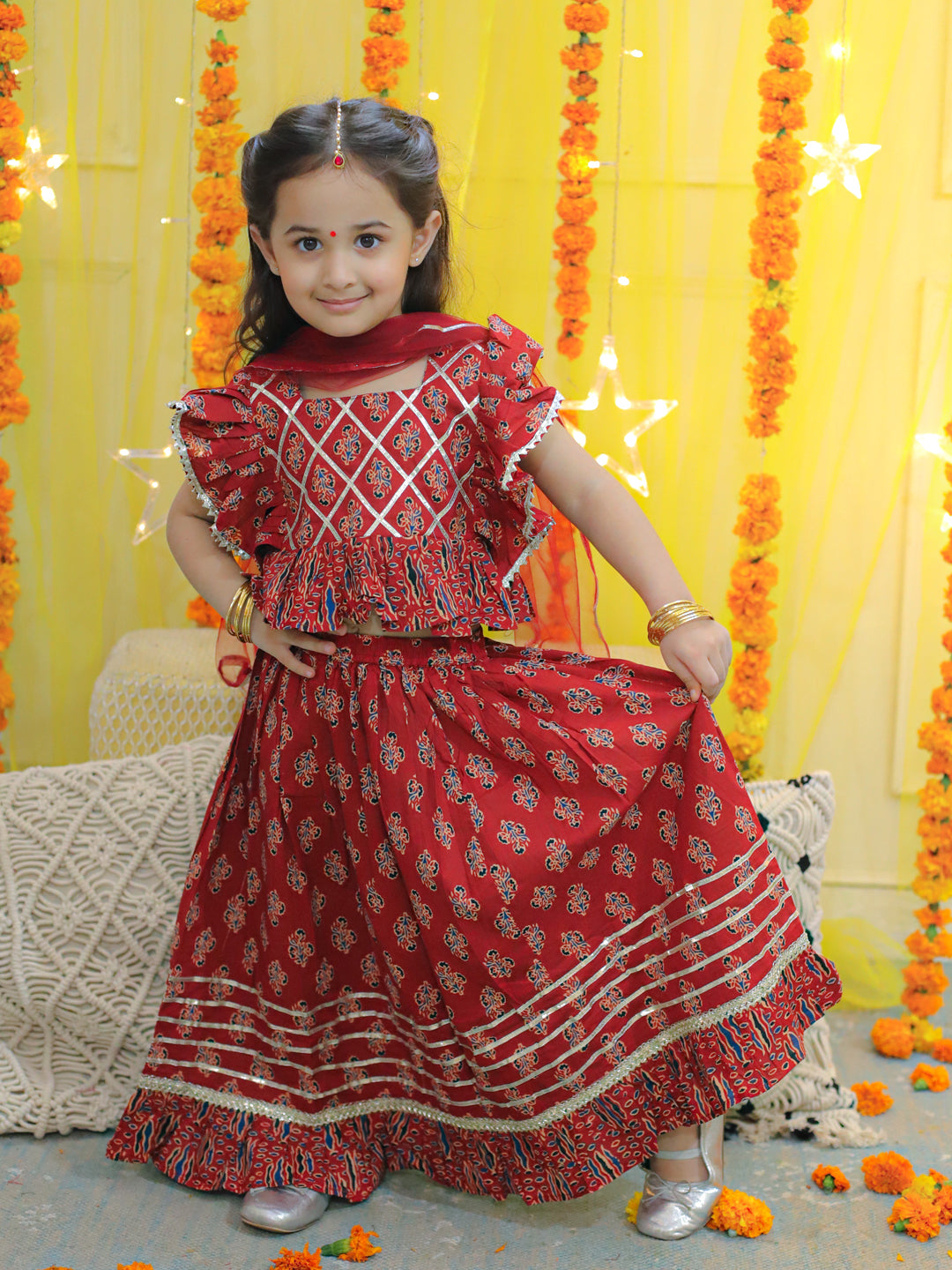 BownBee Sibling Sets Pure Cotton Printed Kurta Pajama with Jacket for Boys and Lehenga Choli with Dupatta for Girls -Red