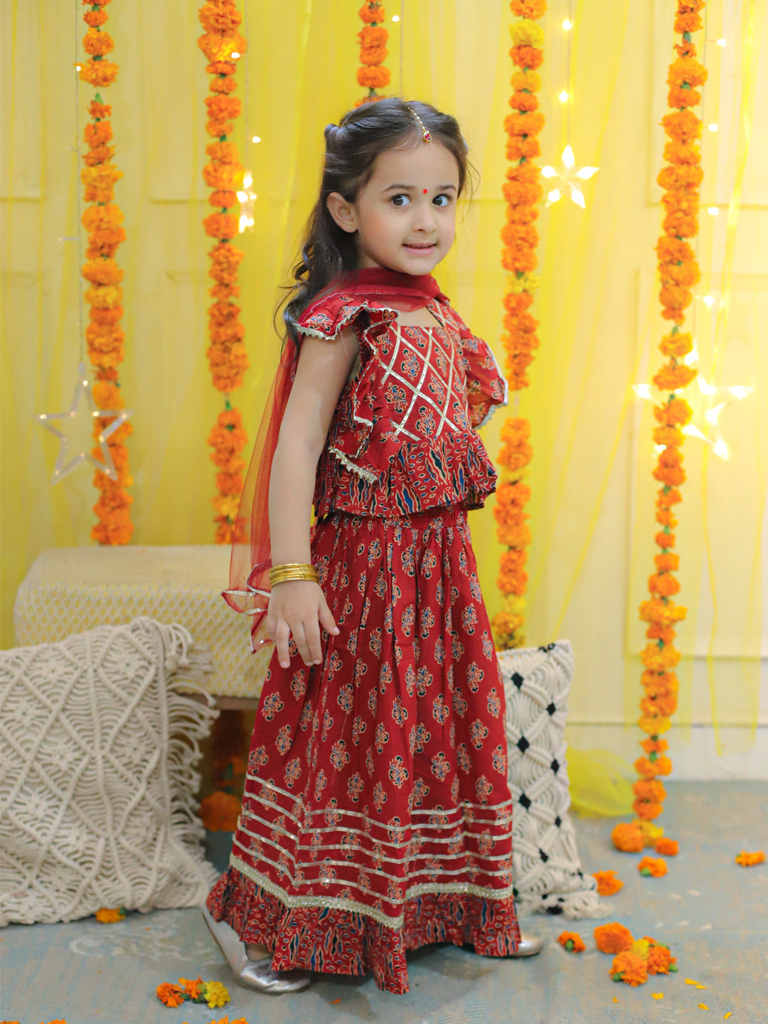 BownBee Sibling Sets Pure Cotton Printed Kurta Pajama with Jacket for Boys and Lehenga Choli with Dupatta for Girls -Red