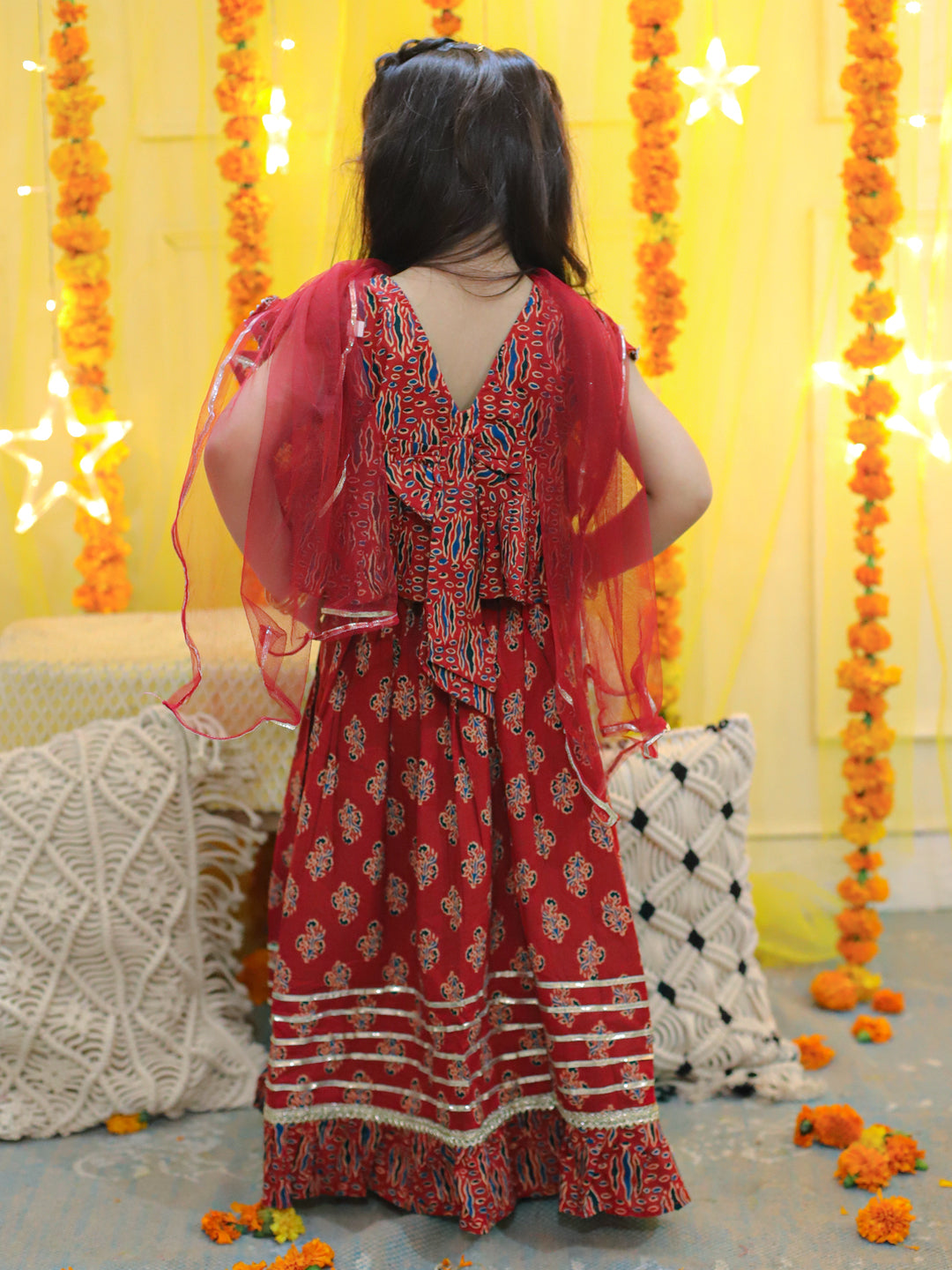 BownBee Sibling Sets Pure Cotton Printed Kurta Pajama with Jacket for Boys and Lehenga Choli with Dupatta for Girls -Red