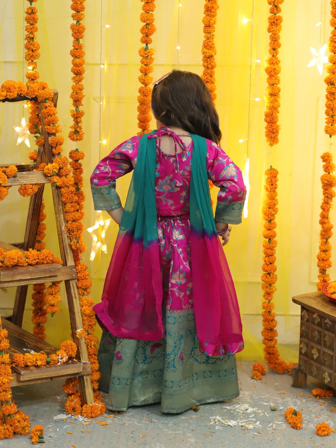 BownBee  Girls Ethic Traditional Indian Festive  Jacquard Choli Lehenga Choli with Dupatta- Pink