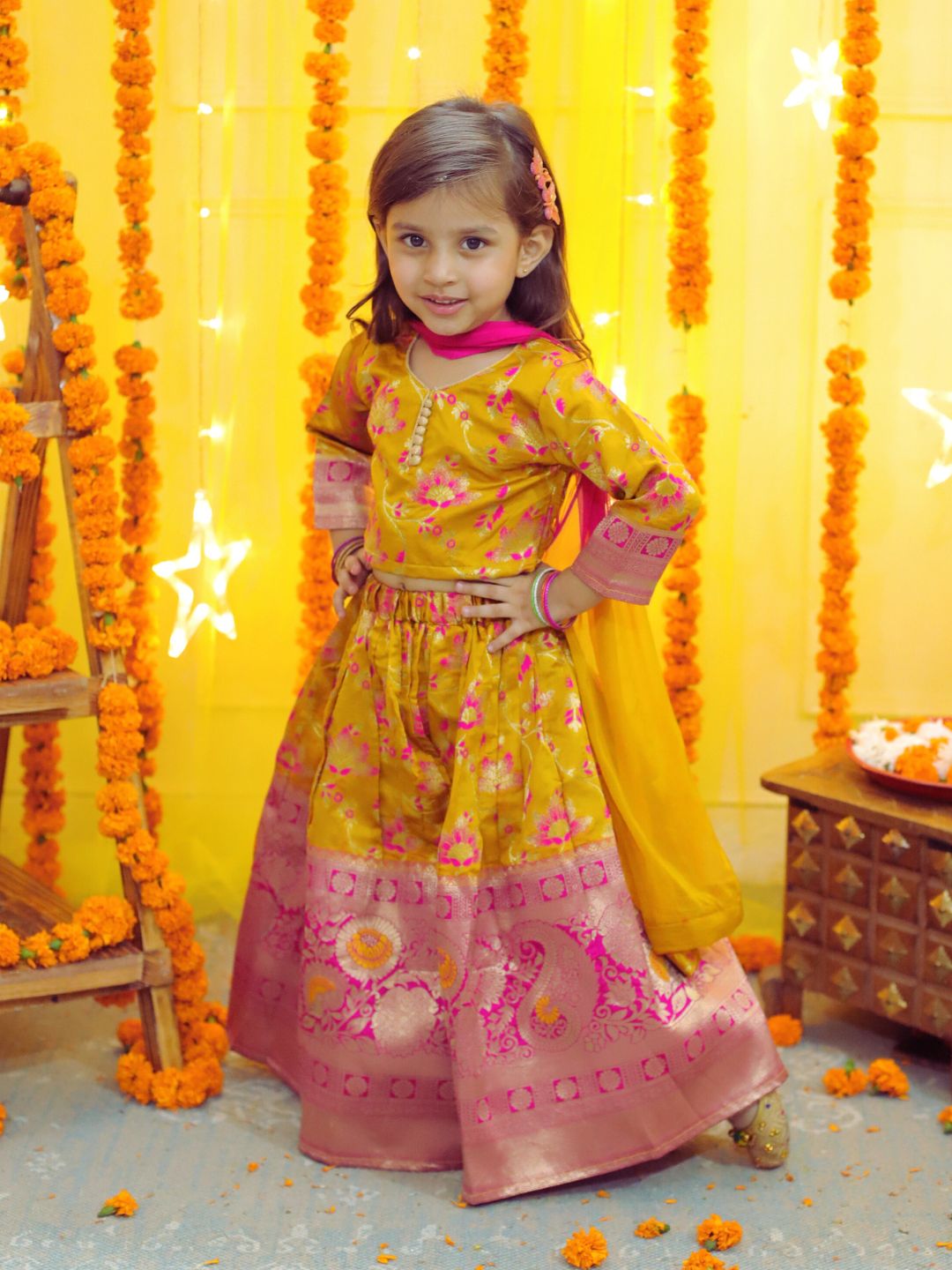 BownBee  Girls Ethic Traditional Indian Festive  Jacquard Choli Lehenga Choli with Dupatta- Yellow