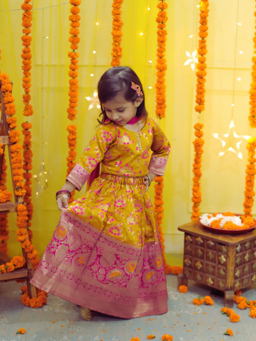 BownBee  Girls Ethic Traditional Indian Festive  Jacquard Choli Lehenga Choli with Dupatta- Yellow