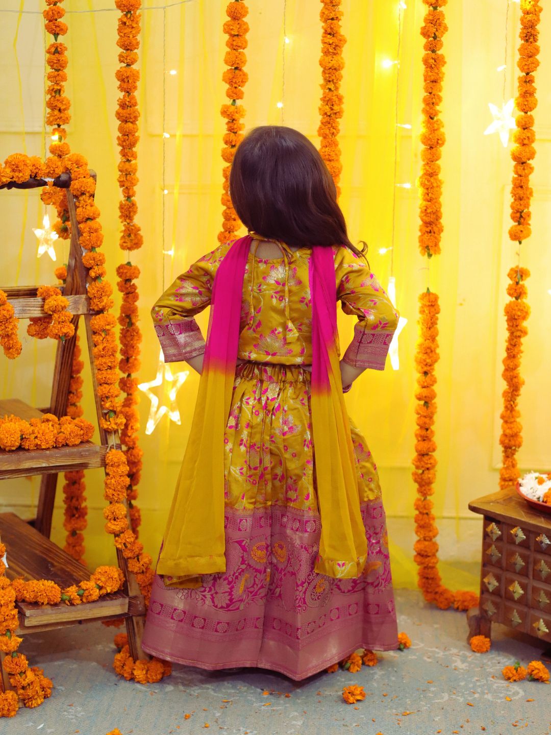 BownBee  Girls Ethic Traditional Indian Festive  Jacquard Choli Lehenga Choli with Dupatta- Yellow