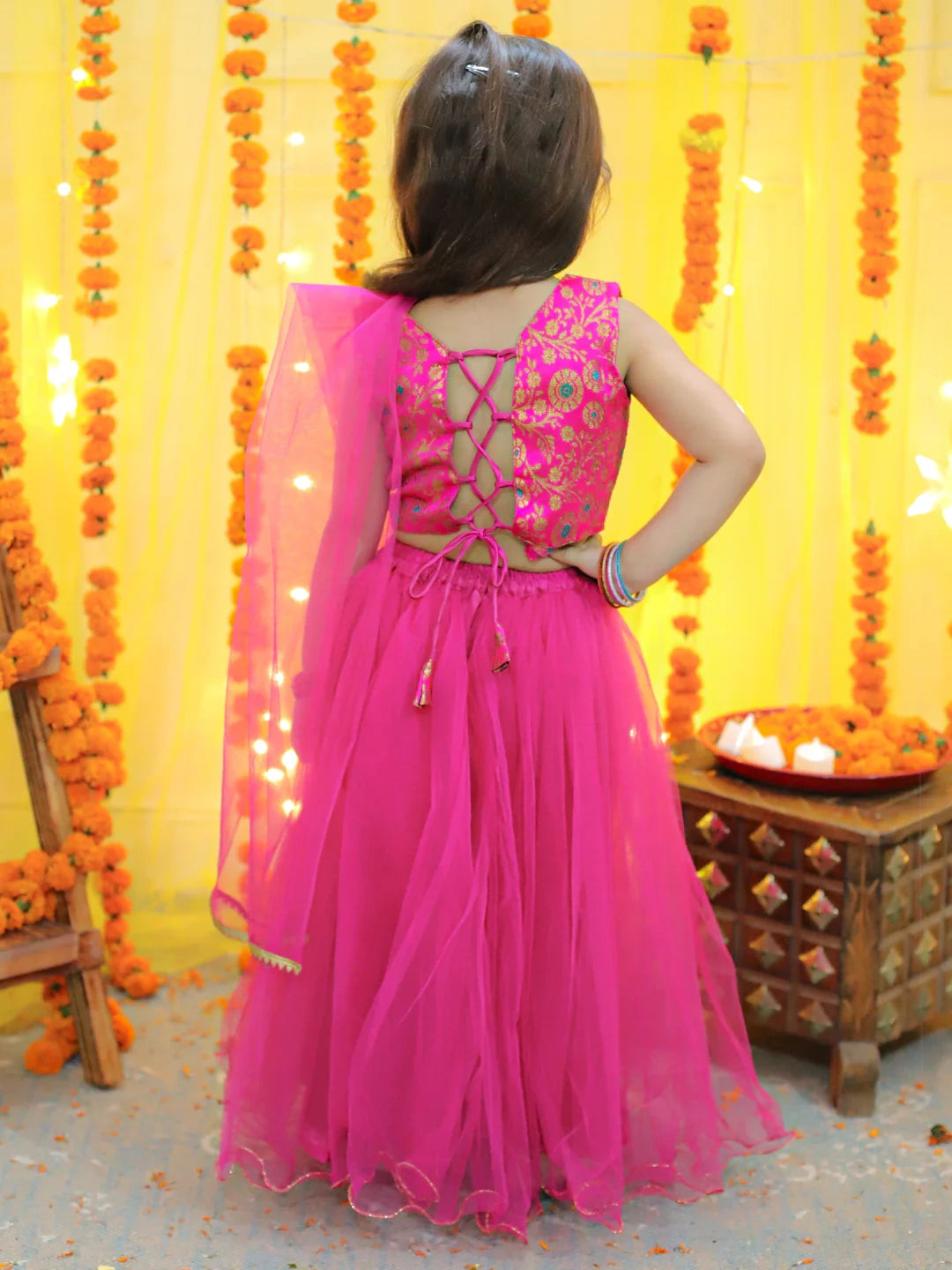 BownBee Girls Ethic Traditional  Indian Festive  Jacquard Choli with Net Lehenga with Dupatta-Pink