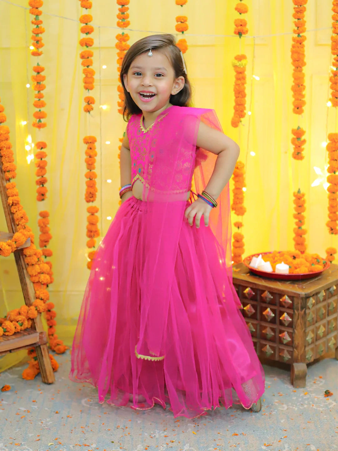 BownBee Girls Ethic Traditional  Indian Festive  Jacquard Choli with Net Lehenga with Dupatta-Pink