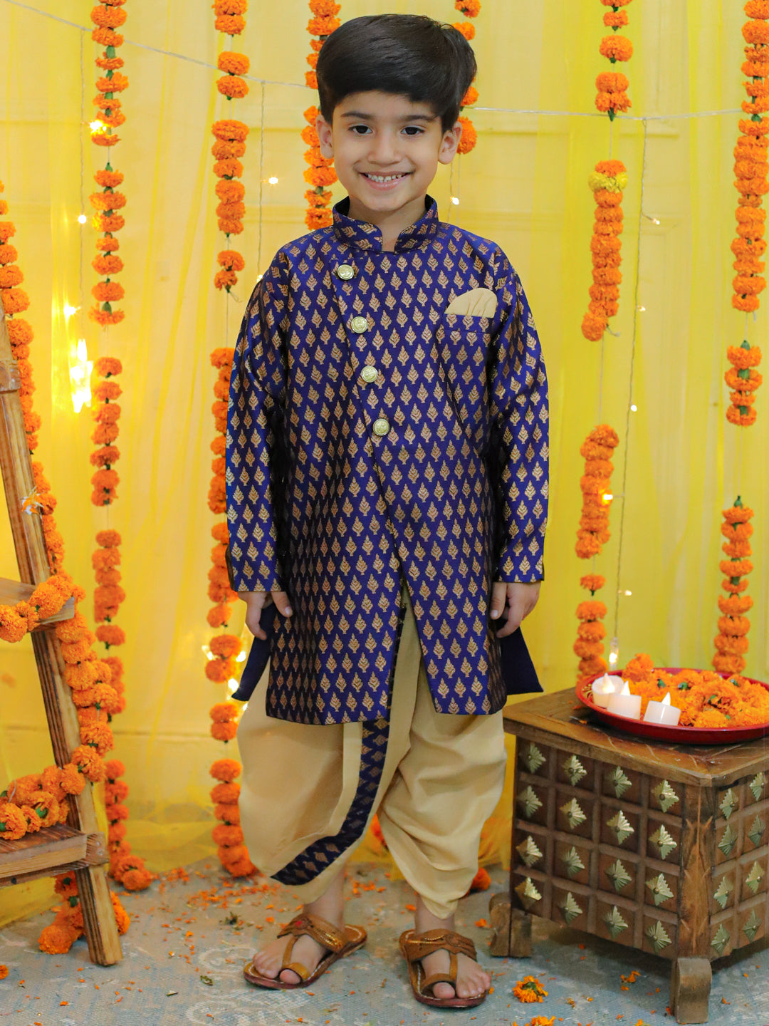 BownBee Boys Ethnic Festive Wear Jacquard Full Sleeve Sherwani with Dhoti - Blue