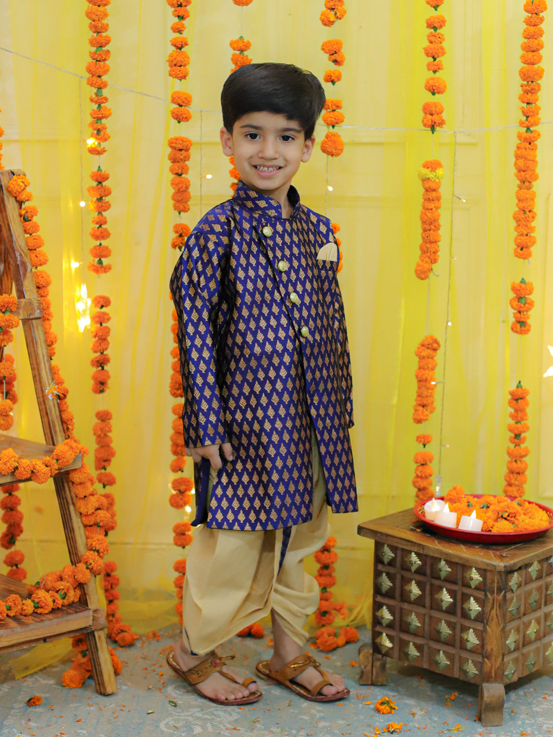 BownBee Boys Ethnic Festive Wear Jacquard Full Sleeve Sherwani with Dhoti - Blue