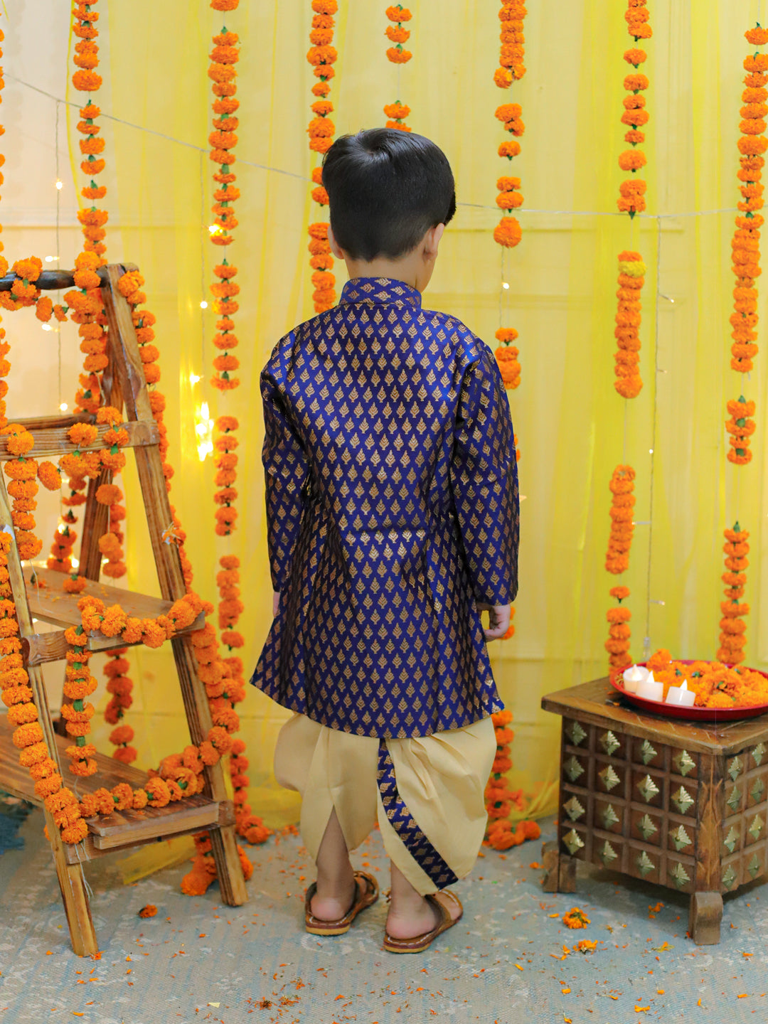 BownBee Boys Ethnic Festive Wear Jacquard Full Sleeve Sherwani with Dhoti - Blue