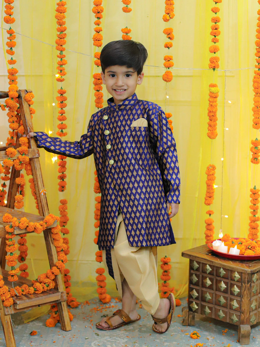 BownBee Boys Ethnic Festive Wear Jacquard Full Sleeve Sherwani with Dhoti - Blue