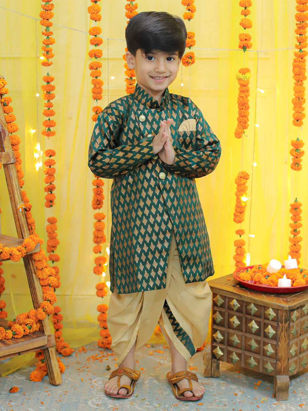 BownBee Boys Ethnic Festive Wear Jacquard Full Sleeve Sherwani with Dhoti - Green