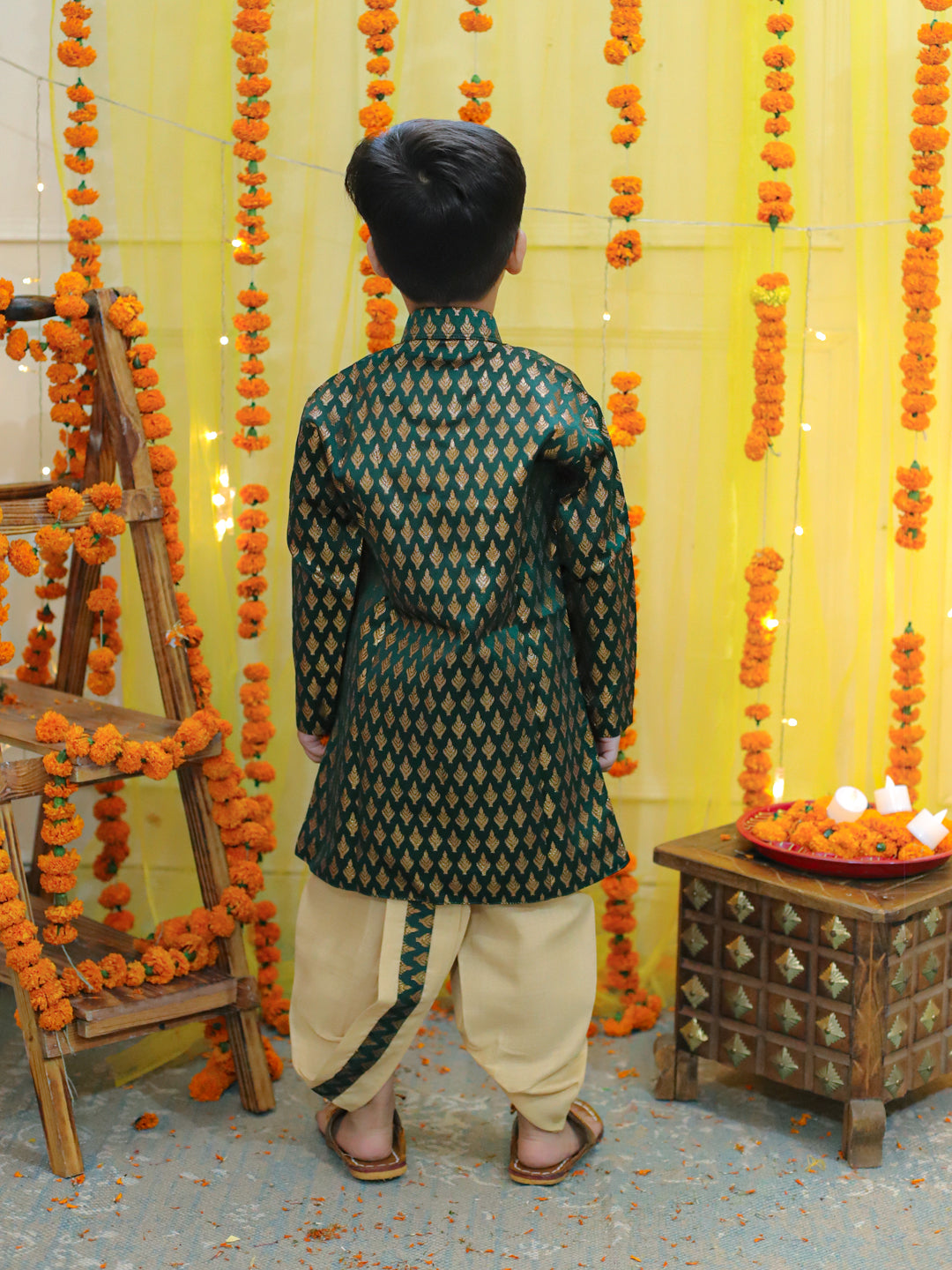 BownBee Boys Ethnic Festive Wear Jacquard Full Sleeve Sherwani with Dhoti - Green