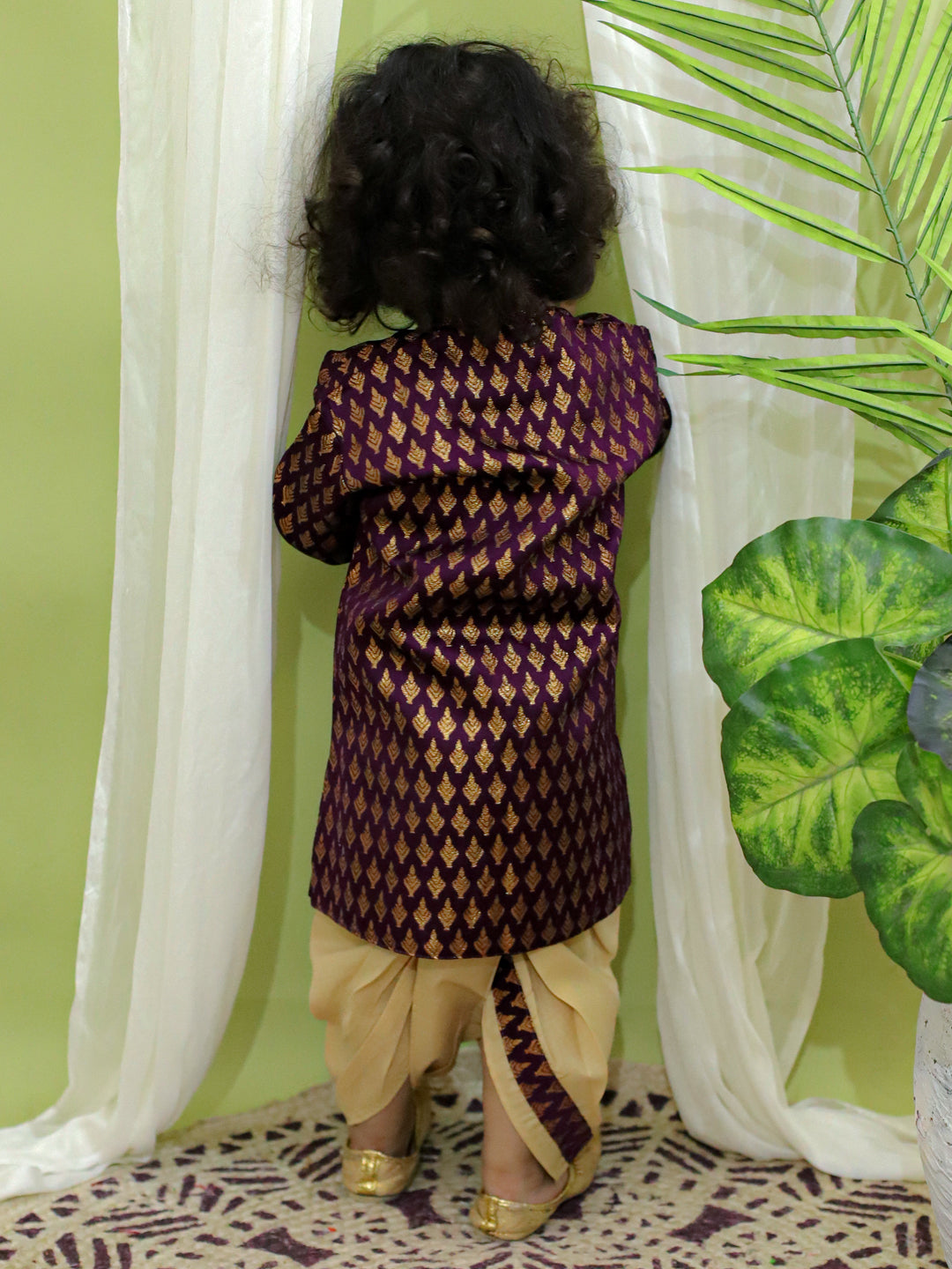 BownBee Jacquard Full Sleeve Sherwani with Dhoti for Boys- Purple