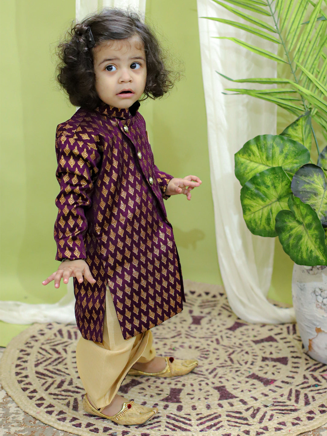 BownBee Jacquard Full Sleeve Sherwani with Dhoti for Boys- Purple