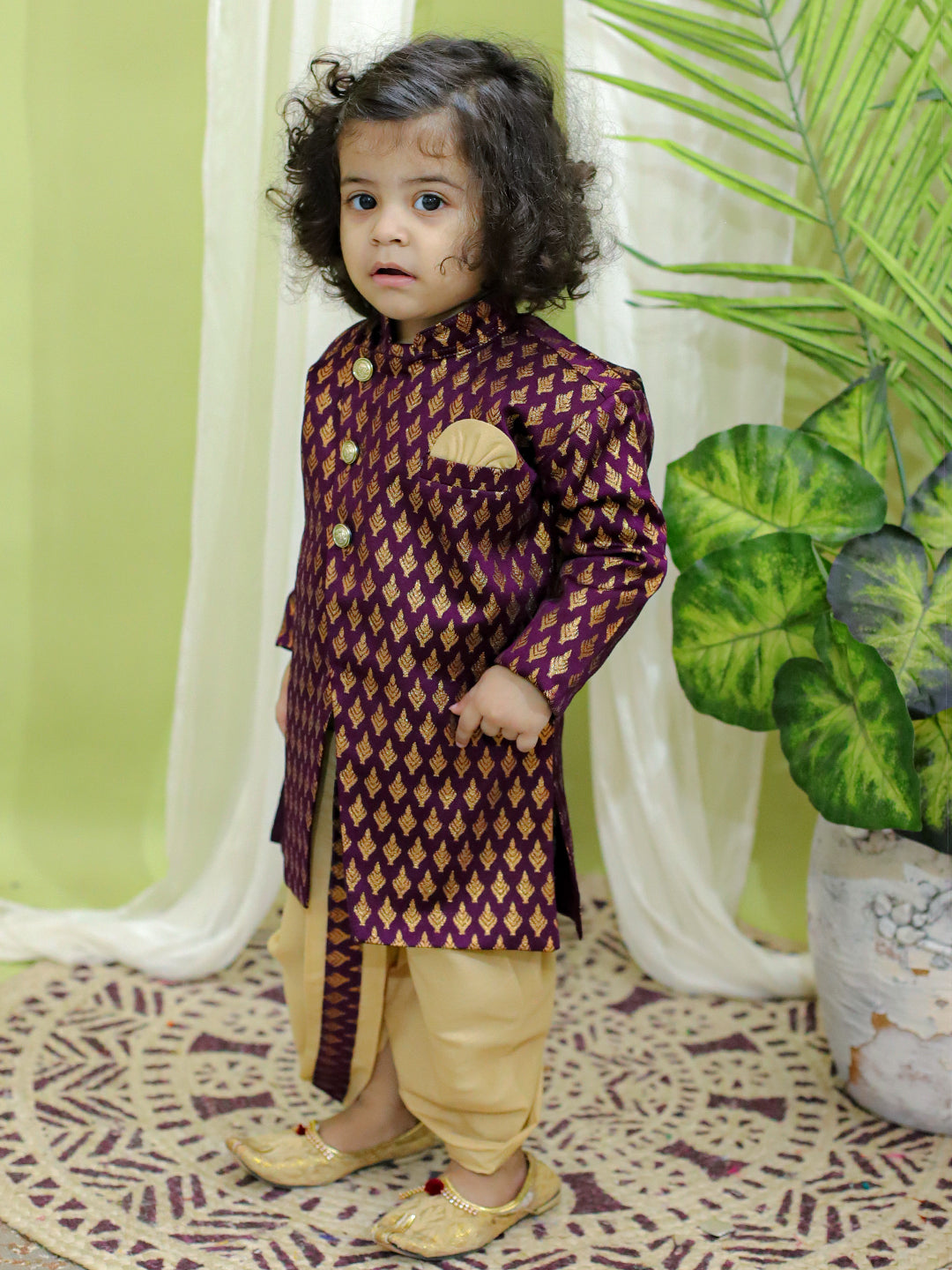 BownBee Jacquard Full Sleeve Sherwani with Dhoti for Boys- Purple