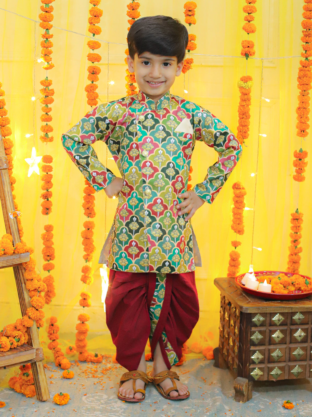 BownBee Printed Full Sleeve Sherwani with Cotton Dhoti and Chanderi Kurta with Printed Salwar and Dupatta for Girls- Maroon