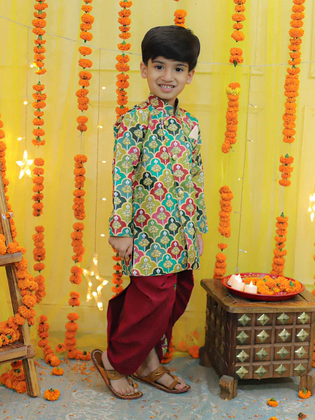 BownBee Boys Ethnic Festive Floral Printed Full Sleeve Sherwani with Cotton Dhoti - Multi