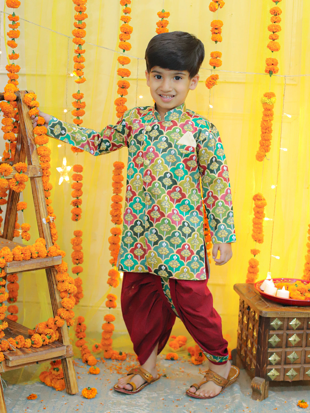 BownBee Boys Ethnic Festive Floral Printed Full Sleeve Sherwani with Cotton Dhoti - Multi