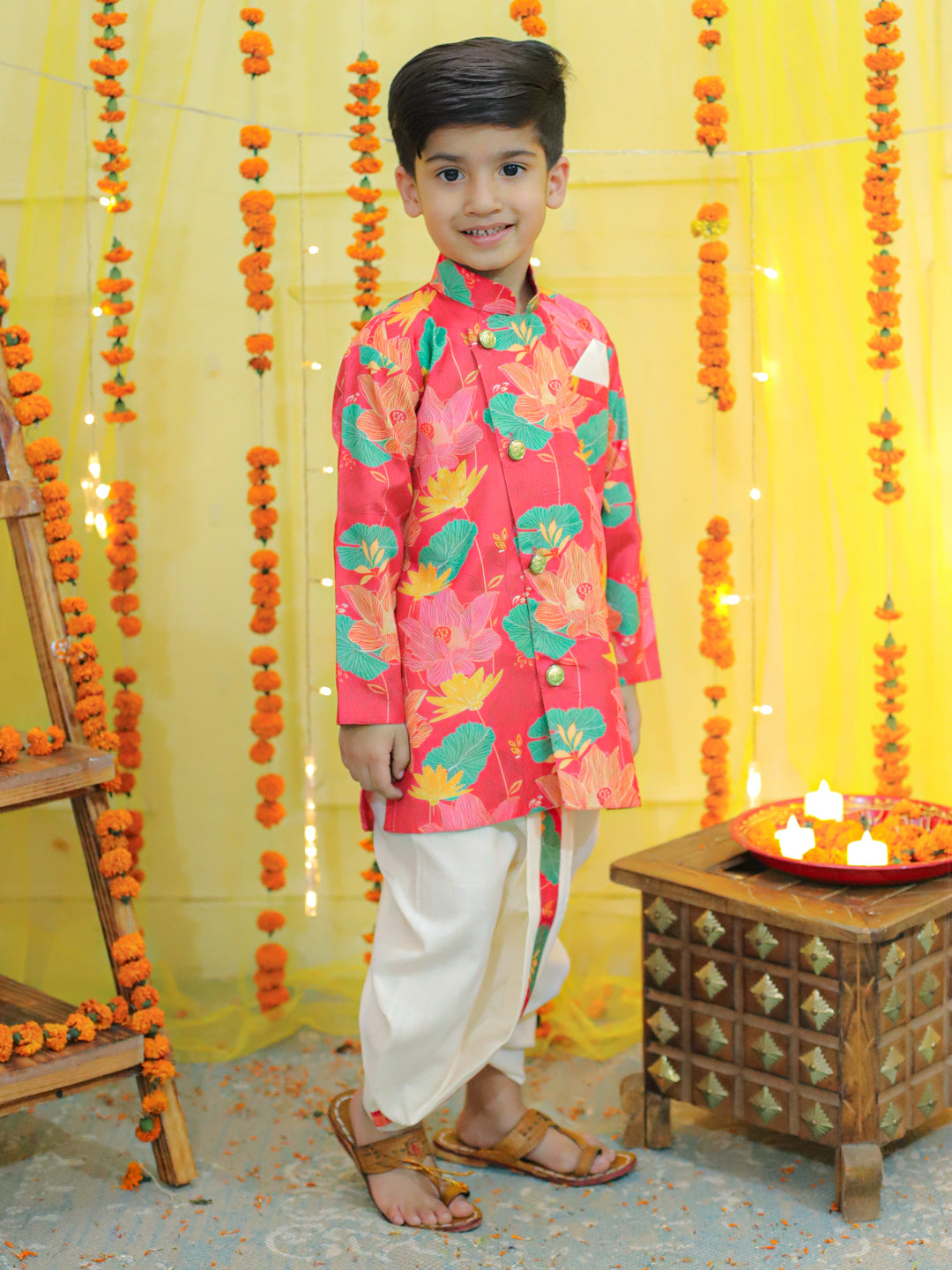 BownBee Printed Full Sleeve Sherwani with Cotton Dhoti and Chanderi Kurta with Printed Salwar and Dupatta for Girls- Yellow