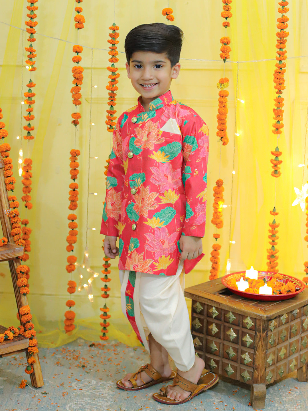 BownBee Printed Full Sleeve Sherwani with Cotton Dhoti and Chanderi Kurta with Printed Salwar and Dupatta for Girls- Yellow