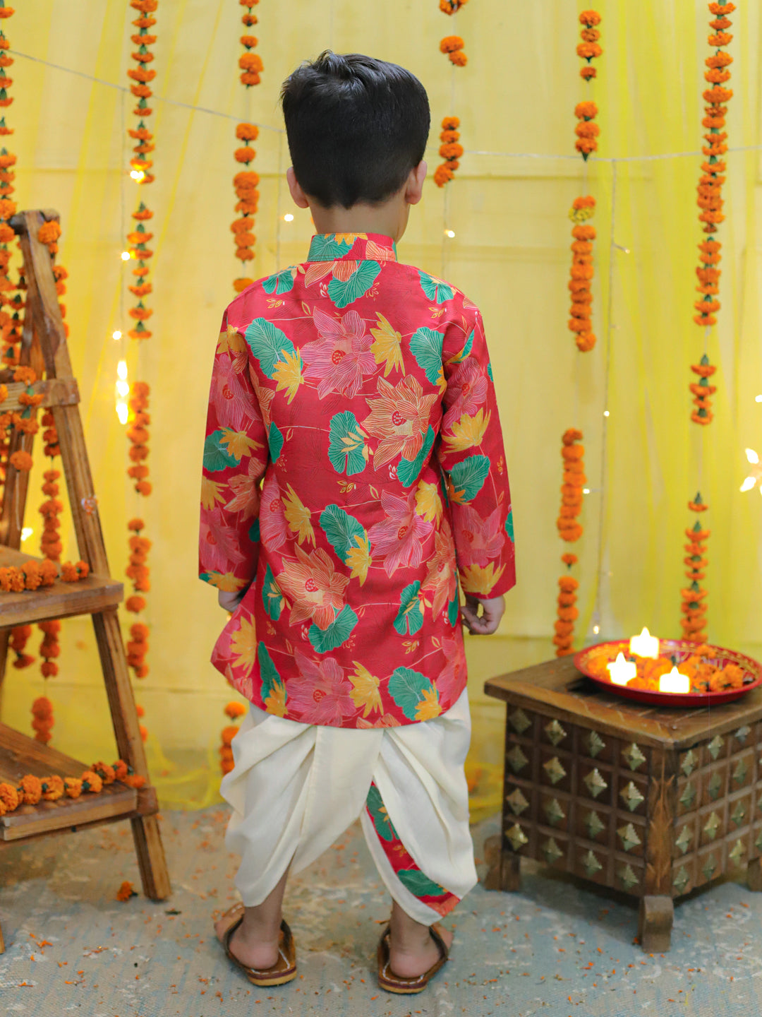 BownBee Printed Full Sleeve Sherwani with Cotton Dhoti for Boys- Pink