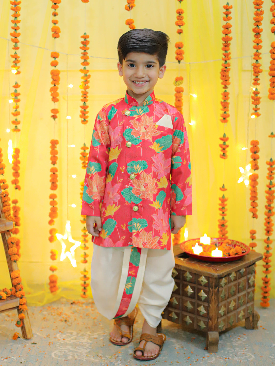 BownBee Printed Full Sleeve Sherwani with Cotton Dhoti for Boys- Pink