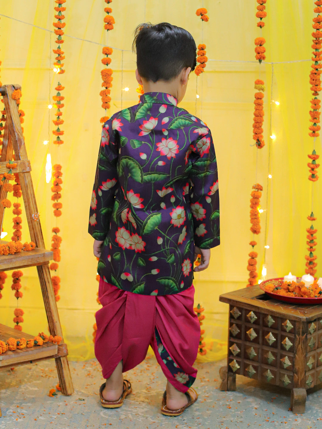 BownBee Boys Ethnic Festive Floral Printed Full Sleeve Sherwani with Cotton Dhoti -Purple