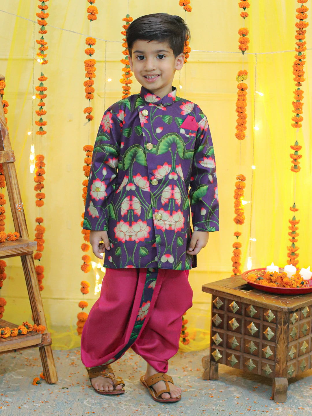 BownBee Boys Ethnic Festive Floral Printed Full Sleeve Sherwani with Cotton Dhoti -Purple