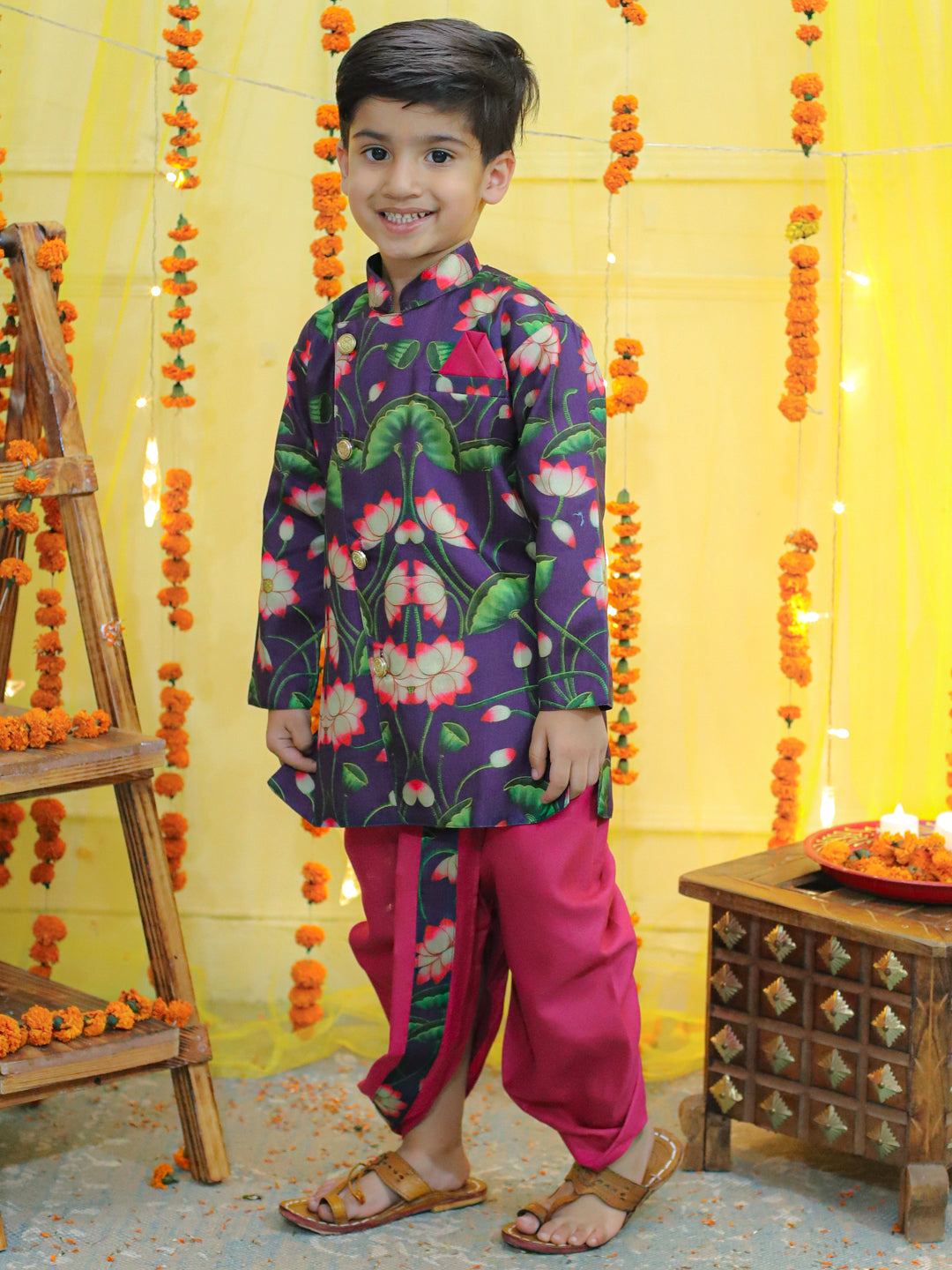 BownBee Boys Ethnic Festive Floral Printed Full Sleeve Sherwani with Cotton Dhoti -Purple