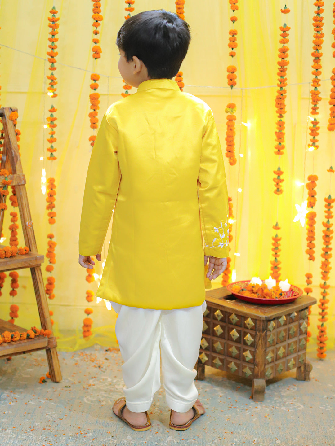 BownBee Boys Ethnic  Festive Wear Hand Embroidered Jam Cotton Sherwani Salwar - Yellow