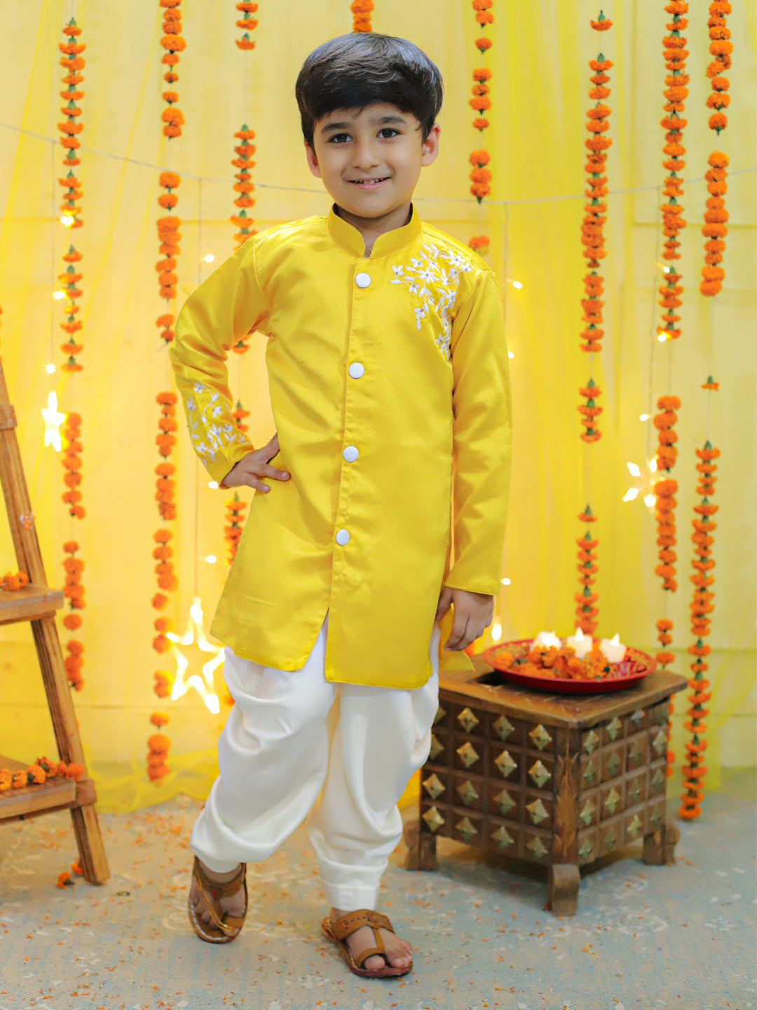 BownBee Boys Ethnic  Festive Wear Hand Embroidered Jam Cotton Sherwani Salwar - Yellow