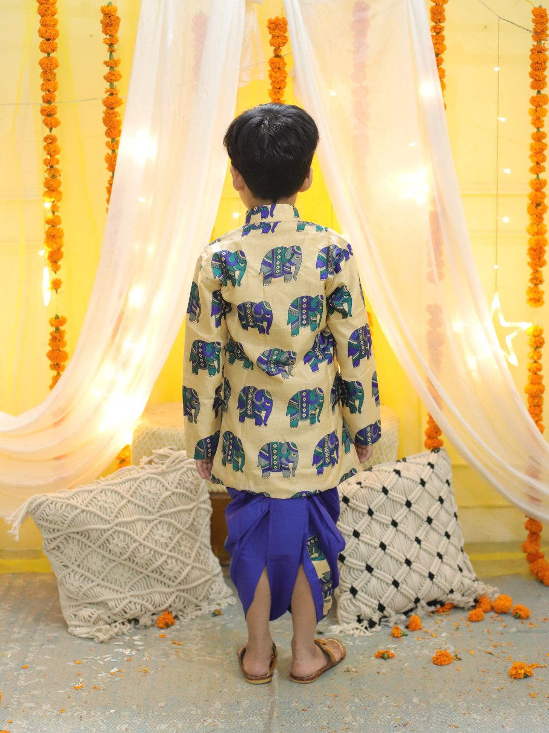 BownBee  Boys Ethnic Hathi Print Full Sleeve Sherwani - Blue