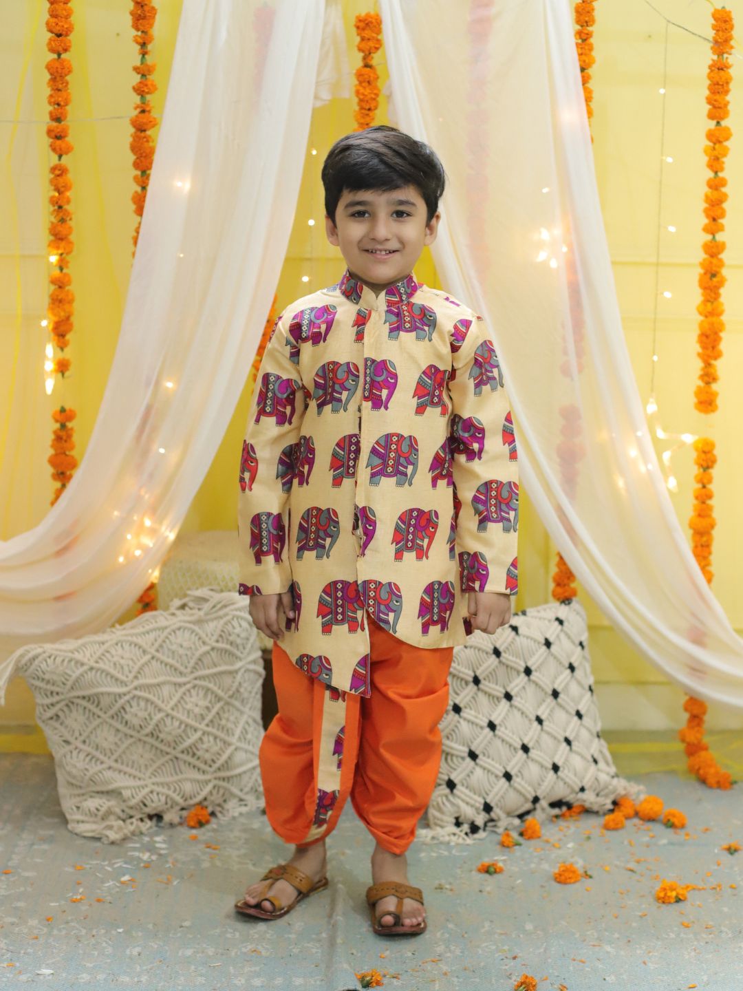 BownBee  Boys Ethnic Hathi Print Full Sleeve Sherwani - Orange