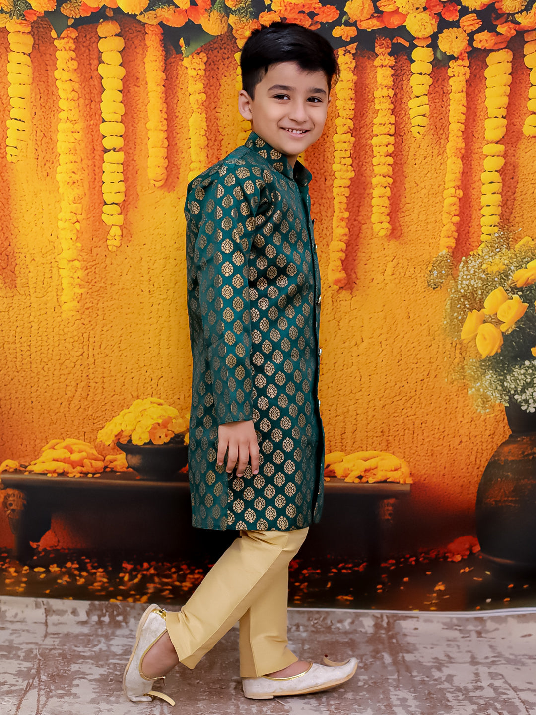 BownBee Front Open Jacquard Sherwani with Pajama Set for Boys- Green
