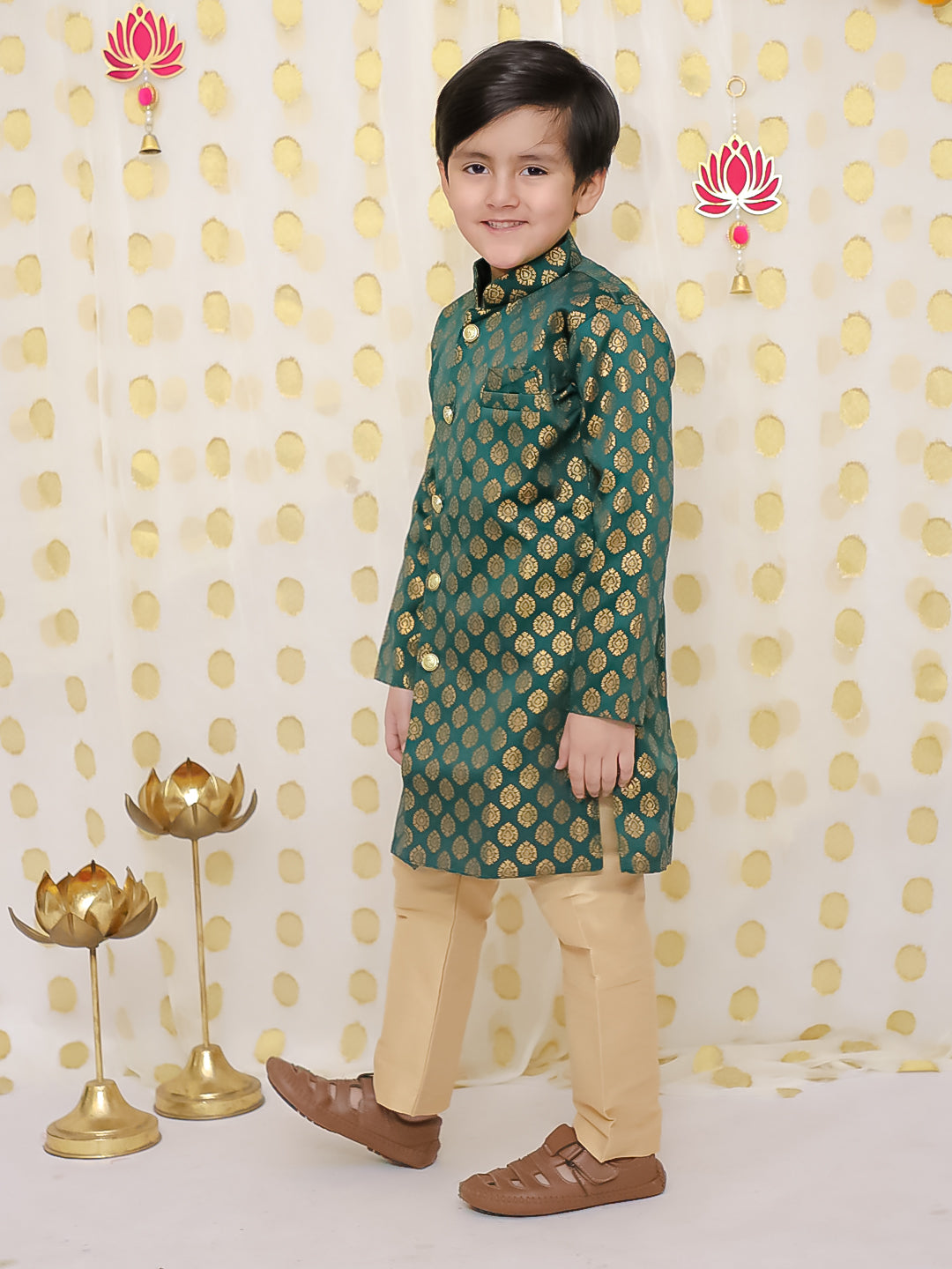 BownBee Front Open Jacquard Sherwani with Pajama Set for Boys- Green