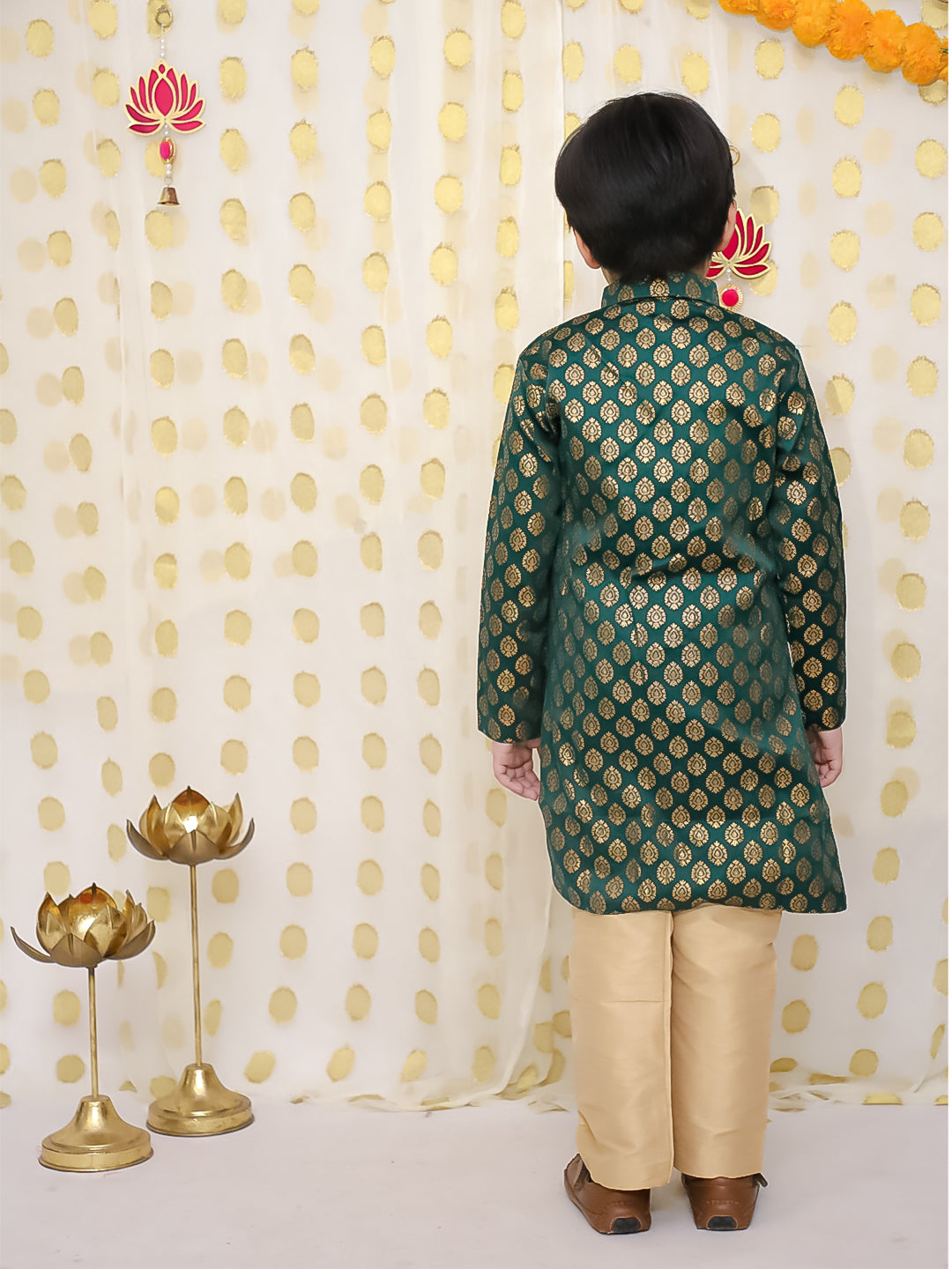 BownBee Front Open Jacquard Sherwani with Pajama Set for Boys- Green