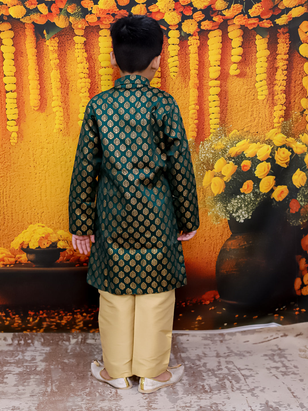 BownBee Front Open Jacquard Sherwani with Pajama Set for Boys- Green