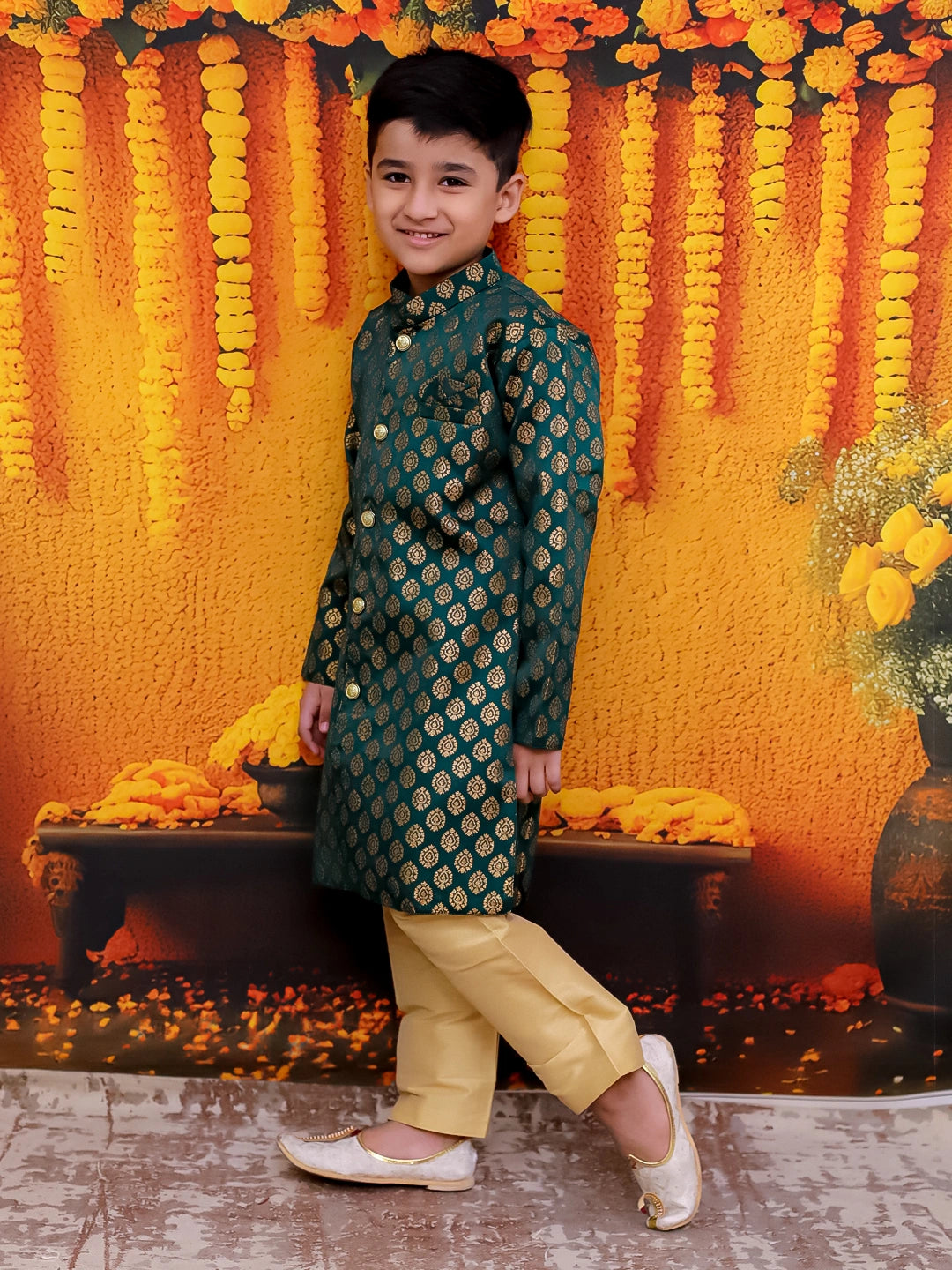 BownBee Front Open Jacquard Sherwani with Pajama Set for Boys